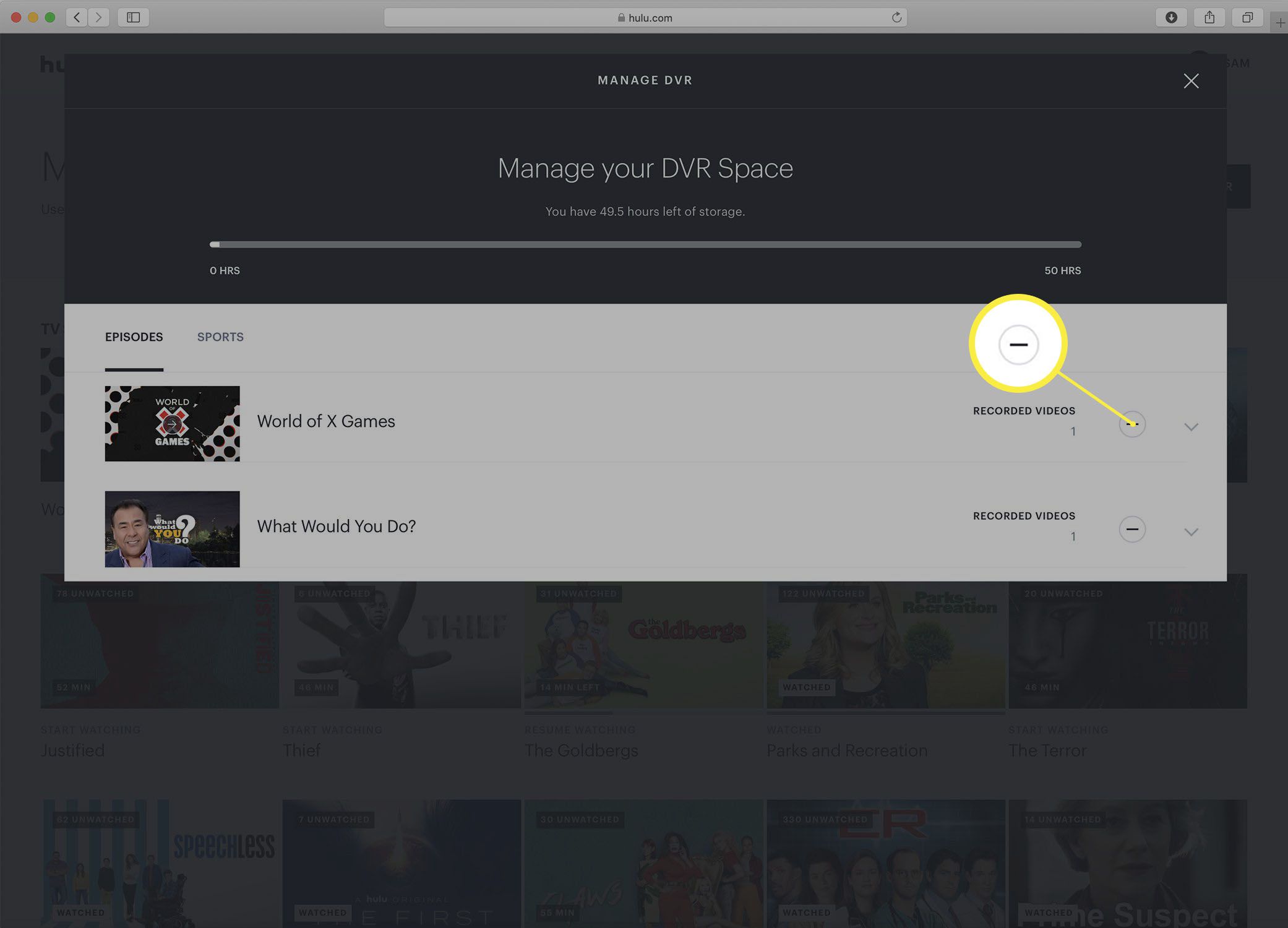 Screenshot obrazovky Hulu Manage DVR.