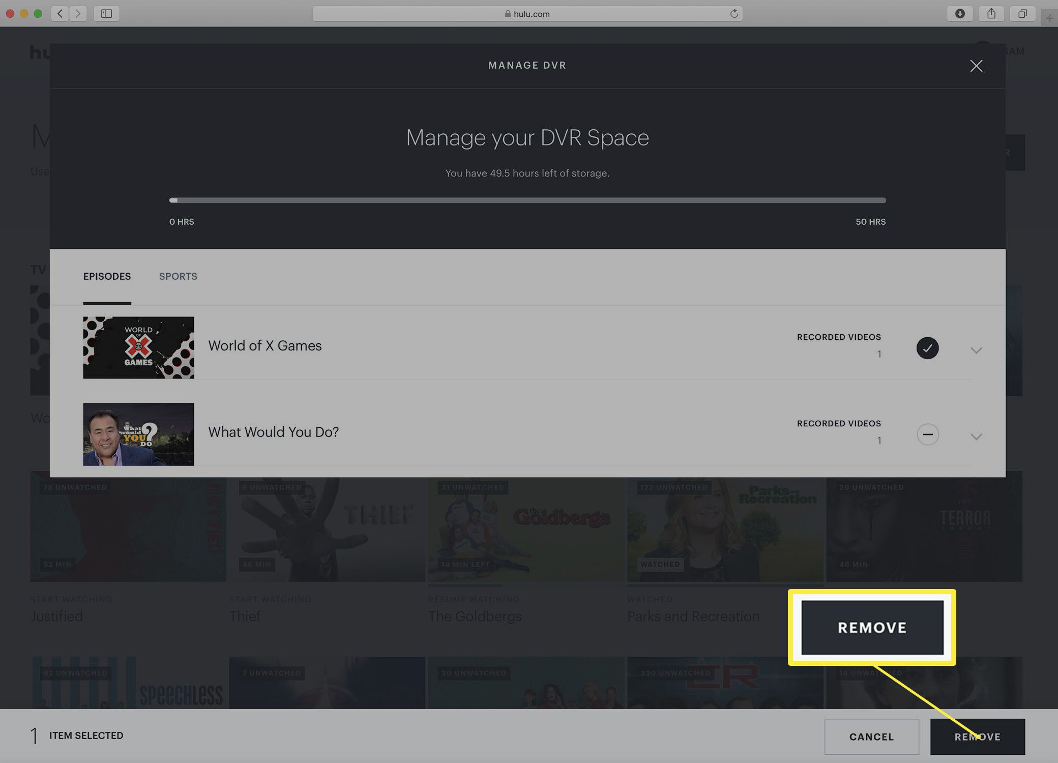 Screenshot obrazovky Hulu Manage DVR.