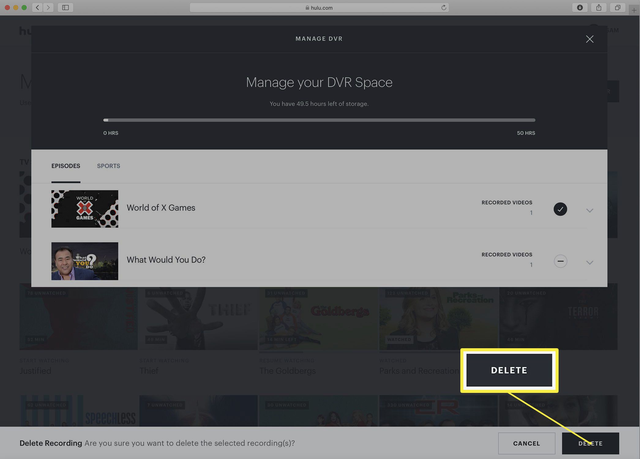 Screenshot obrazovky Hulu Manage DVR.