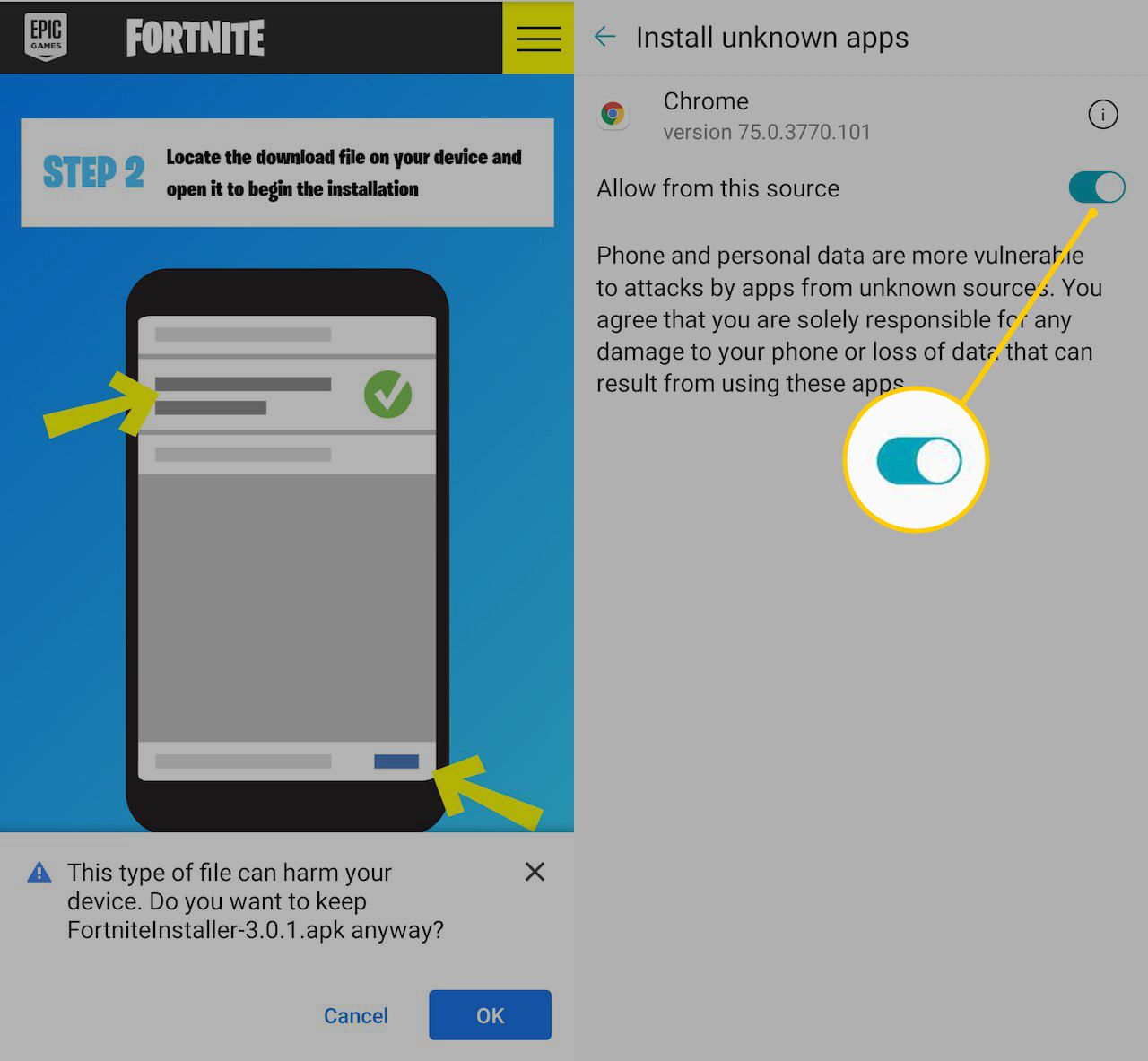 Povolit z tohoto zdroje přepínat v instalačním programu Fortnite pro Android