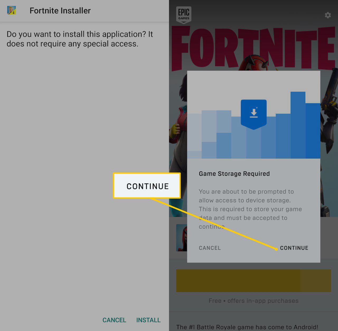 Tlačítko Pokračovat v instalačním programu Android Fortnite