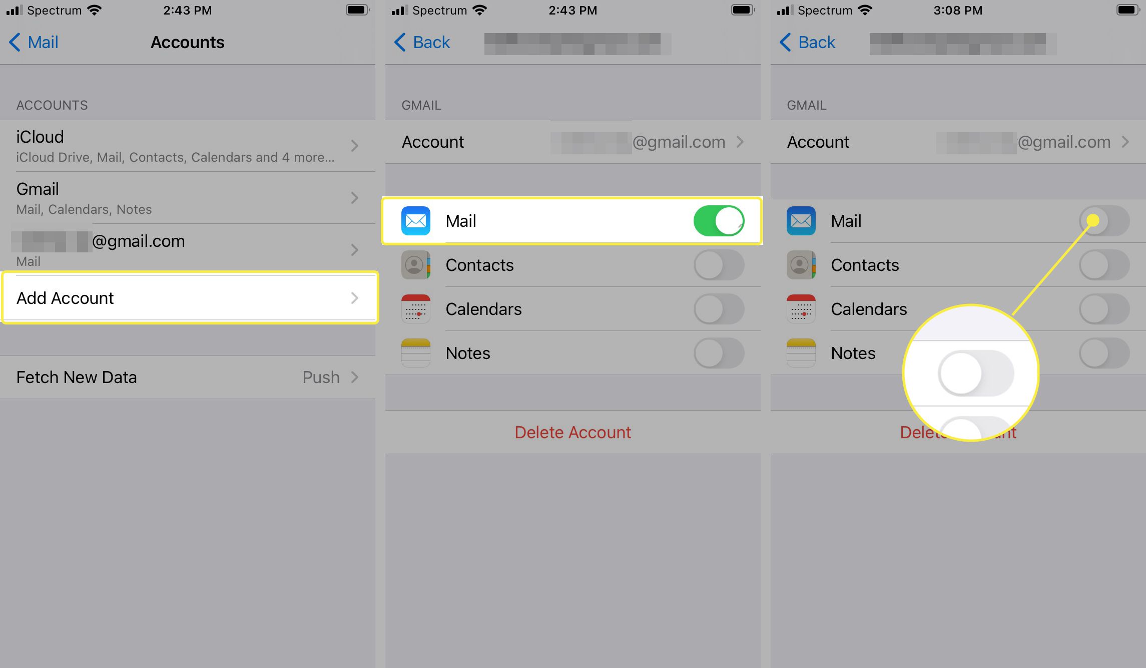 Hesla a účty, Gmail, Mail přepněte na OFF v nastavení iOS