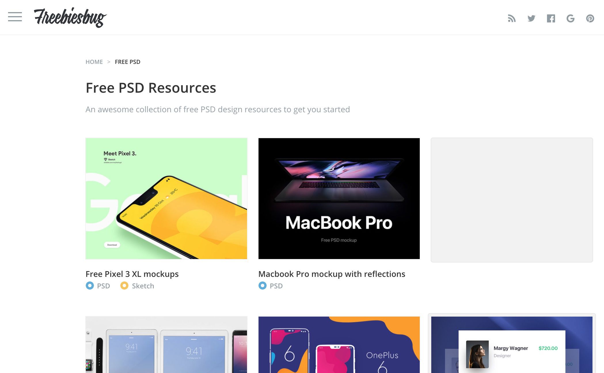 Web Freebiesbug zobrazující bezplatné zdroje PSD, jako jsou makety Free Pixel 3 XL