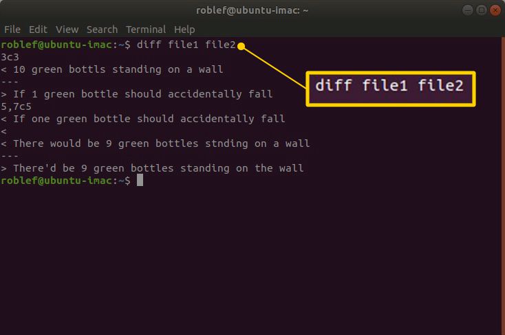 Příkaz terminálu „diff file1 file2“ v Linuxu