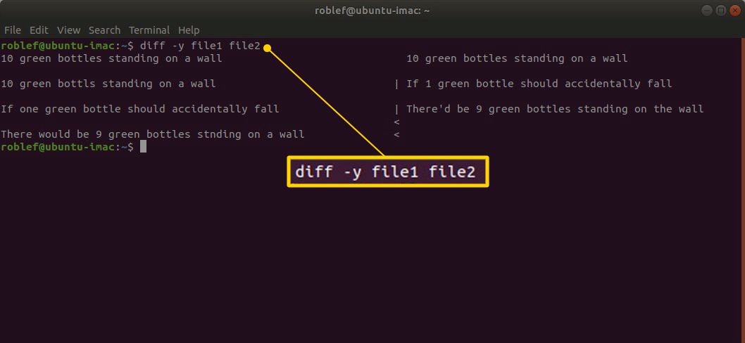 Příkaz terminálu "diff -y file1 file2" v Linuxu