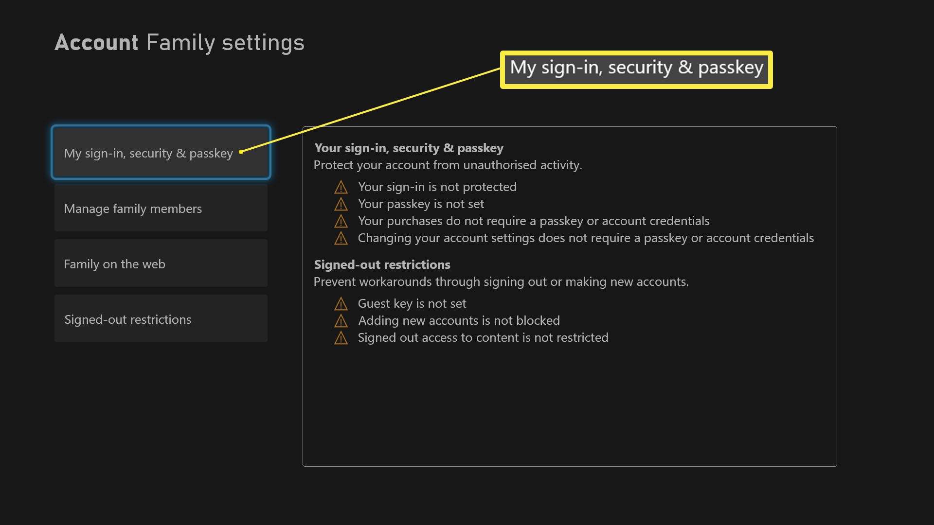Rodinné nastavení pro Xbox Series X se zvýrazněným My Sign-in, zabezpečením a přístupovým klíčem