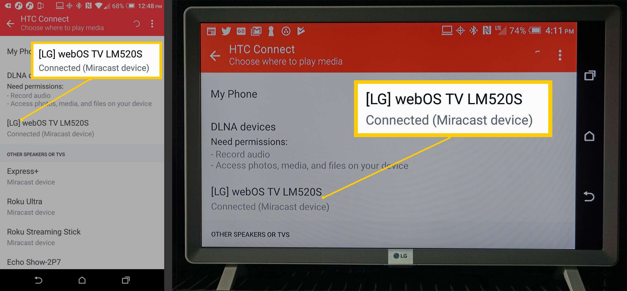 Příklad připojení zrcadlení obrazovky telefonu Android vytvořeného pomocí LG Smart TV