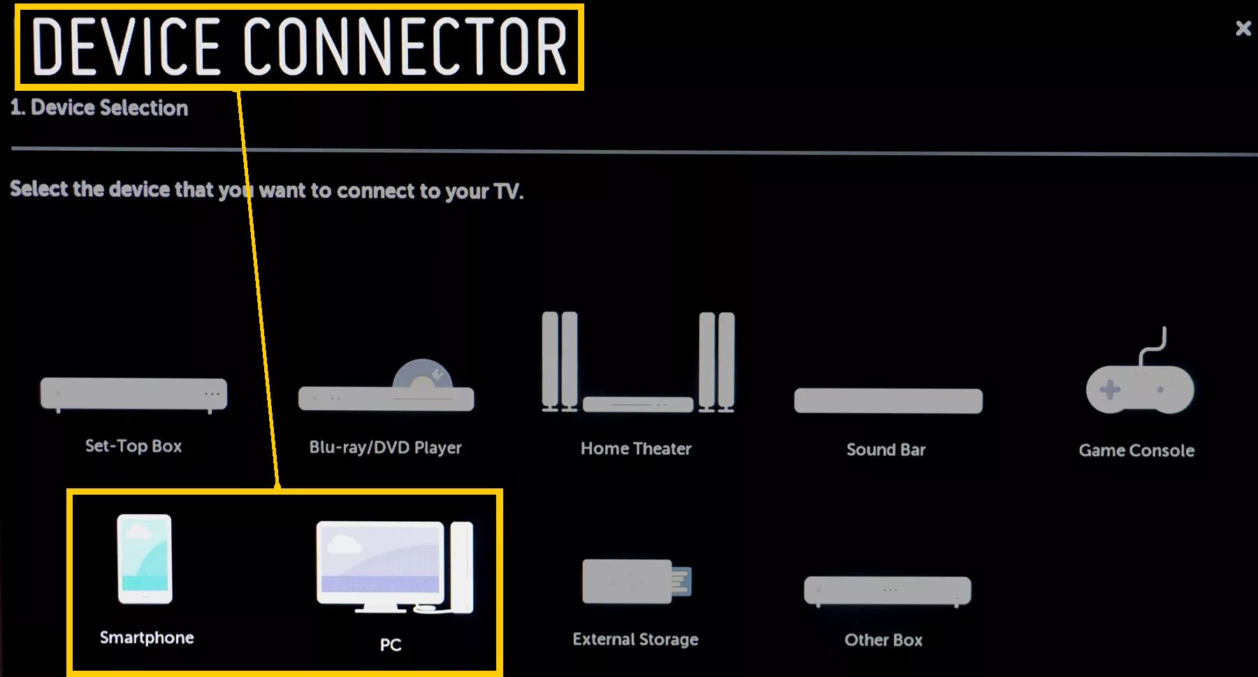 Nabídka LG TV Device Connector - zvýrazněna Smartphone a PC