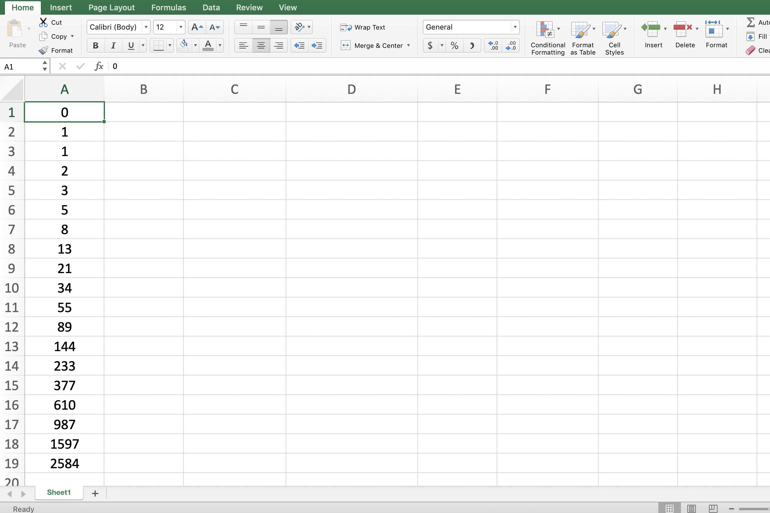 Screenshot aplikace Excel ukazující Fibonacciho sekvenci