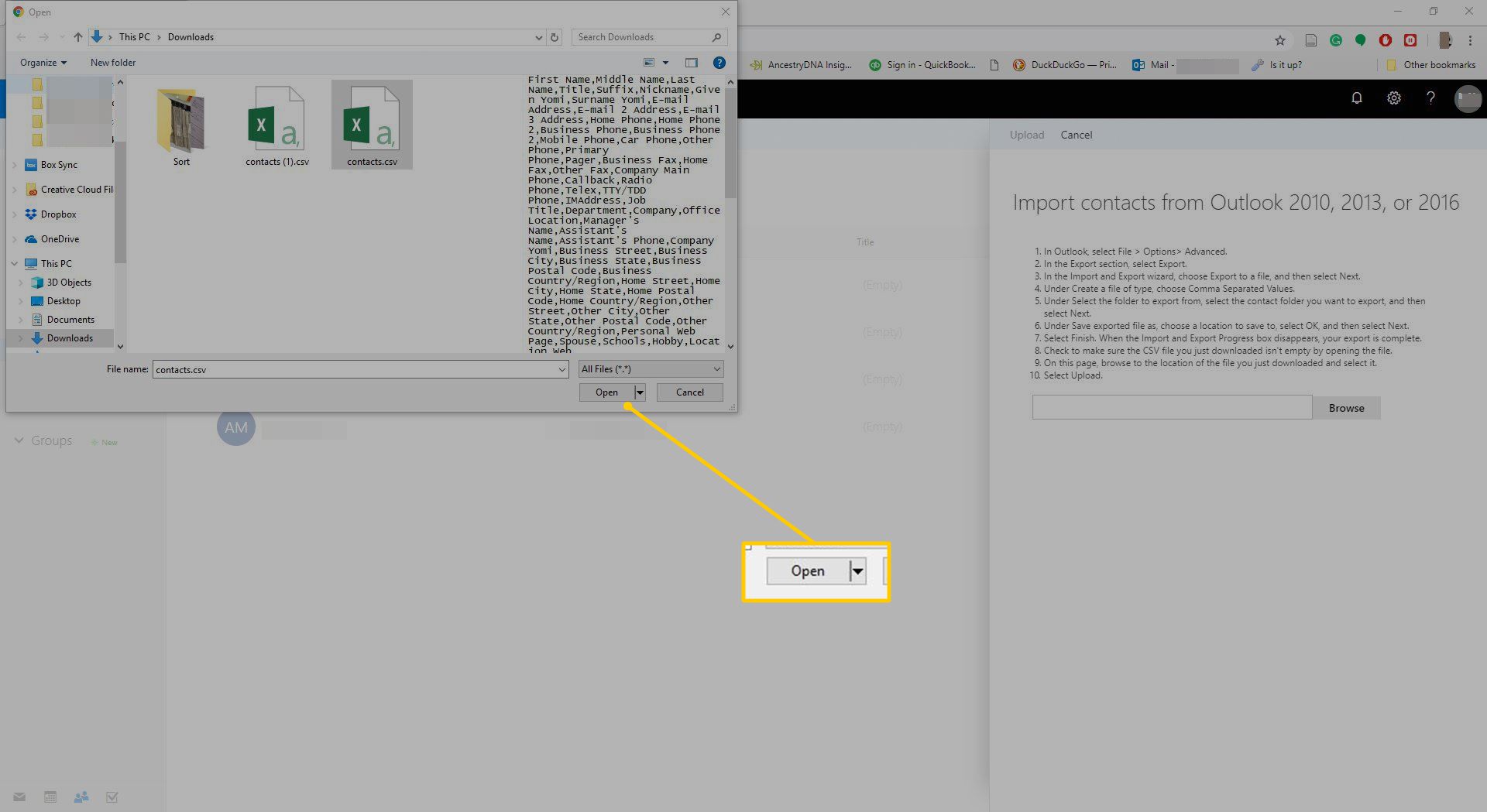 Tlačítko Otevřít pro soubor contacts.csv v Outlooku na webu