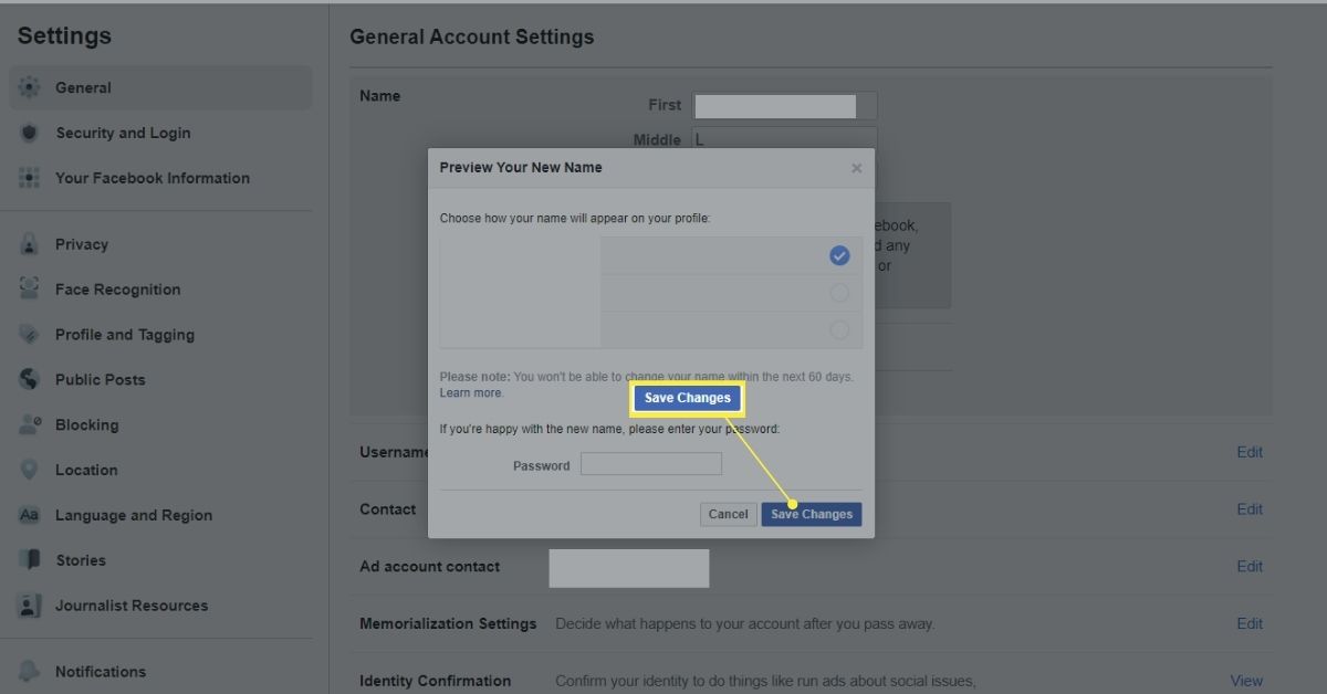 Tlačítko Uložit změny při změně názvu na Facebooku