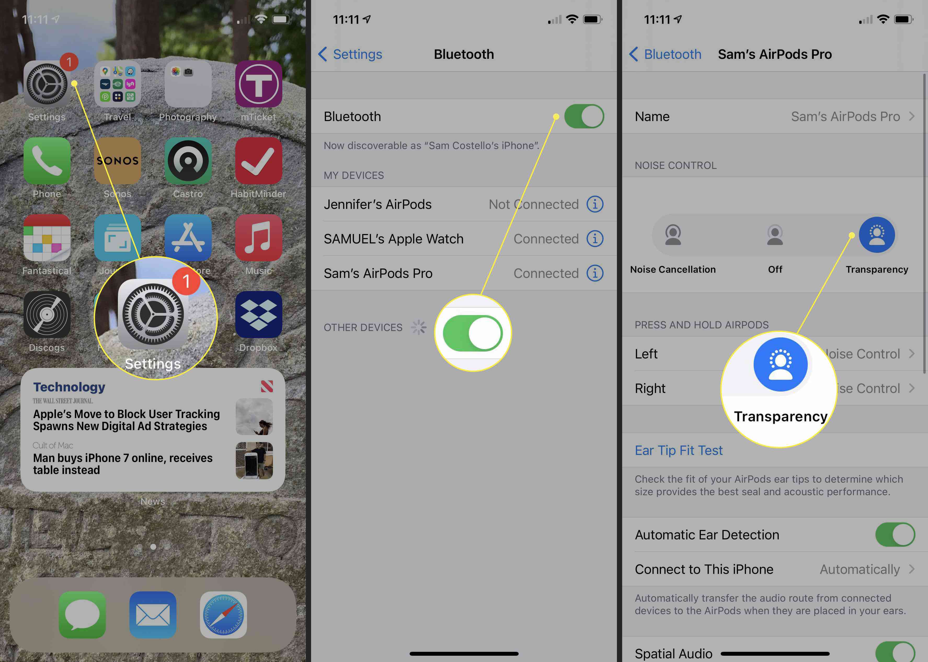 Kroky k zapnutí režimu Průhlednost na AirPods prostřednictvím nastavení Bluetooth na iPhone.