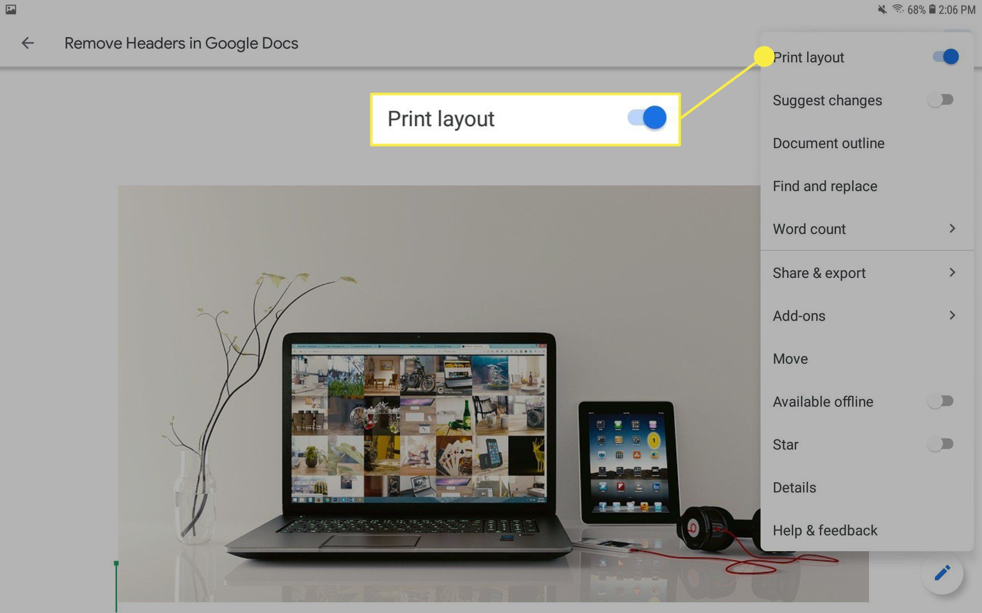 Zapněte Rozložení tisku v mobilní aplikaci Dokumenty Google