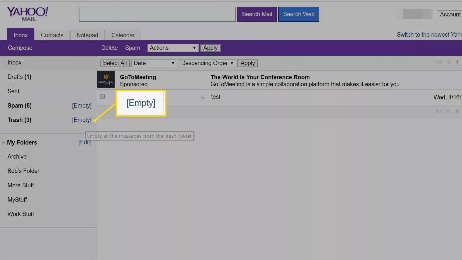 Prázdný odkaz na koš v Yahoo Mail Basic