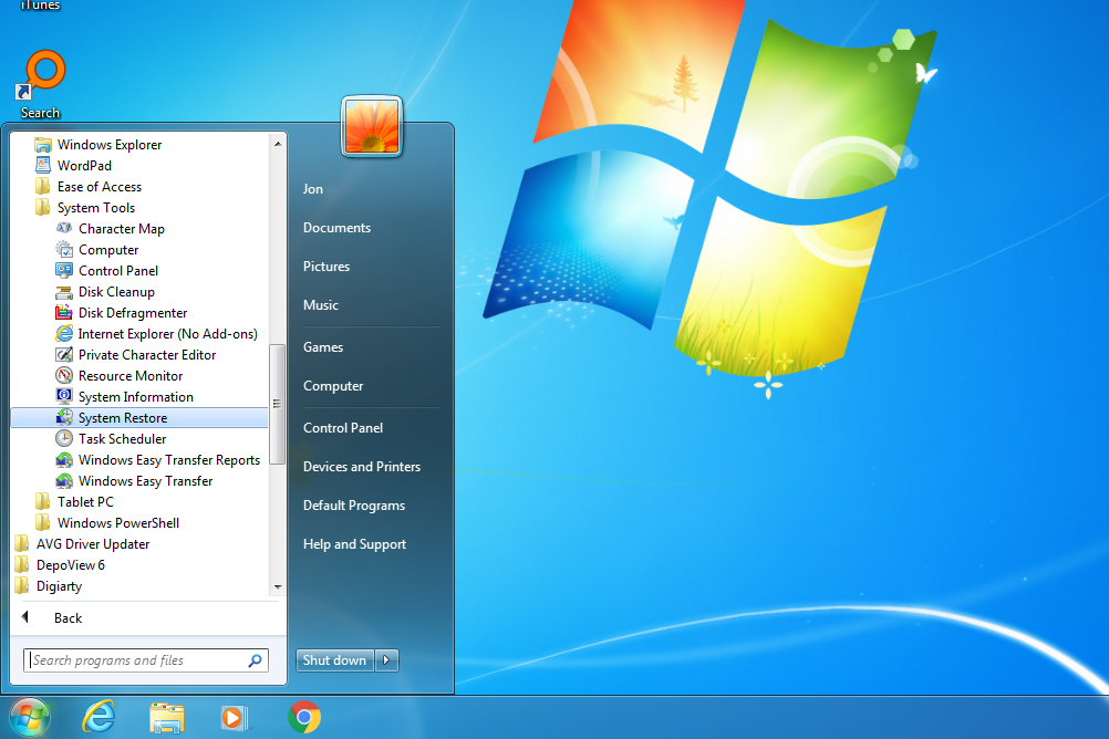 Odkaz Obnovení systému v nabídce Start systému Windows 7