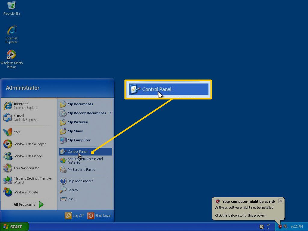 Ovládací panely v nabídce Start systému Windows XP