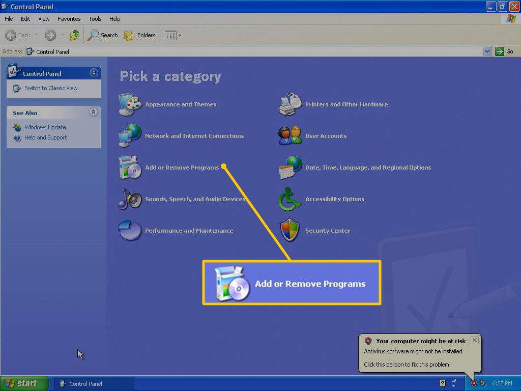 Přidejte nebo odeberte programy v Ovládacích panelech systému Windows XP