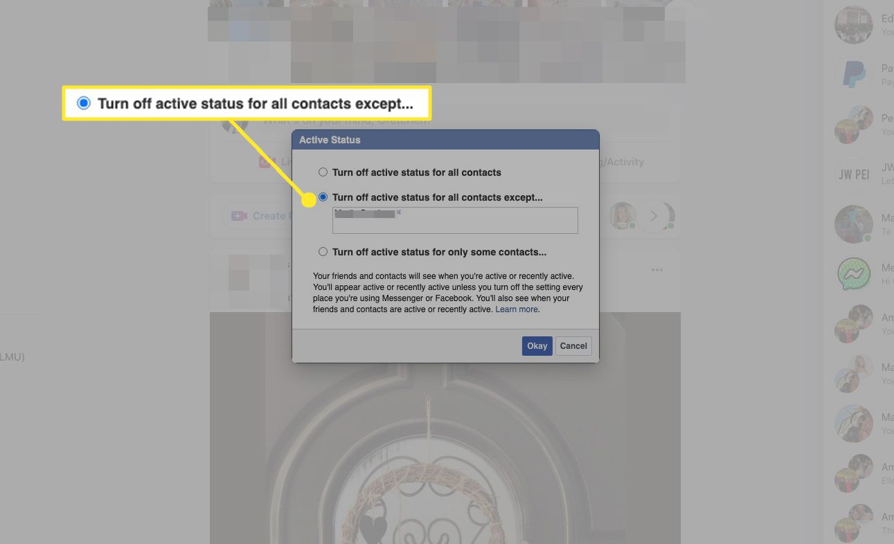 Zvolte Vypnout aktivní stav pro všechny kontakty, kromě toho, že některým lidem umožníte zobrazit váš online stav