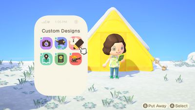 Screenshot ze hry Animal Crossing: New Horizon - hráč stojící mimo svůj stanový dům s otevřeným NookPhone