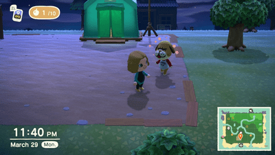 Jedna postava se snaží mluvit s druhou ve hře Animal Crossing New Horizon.
