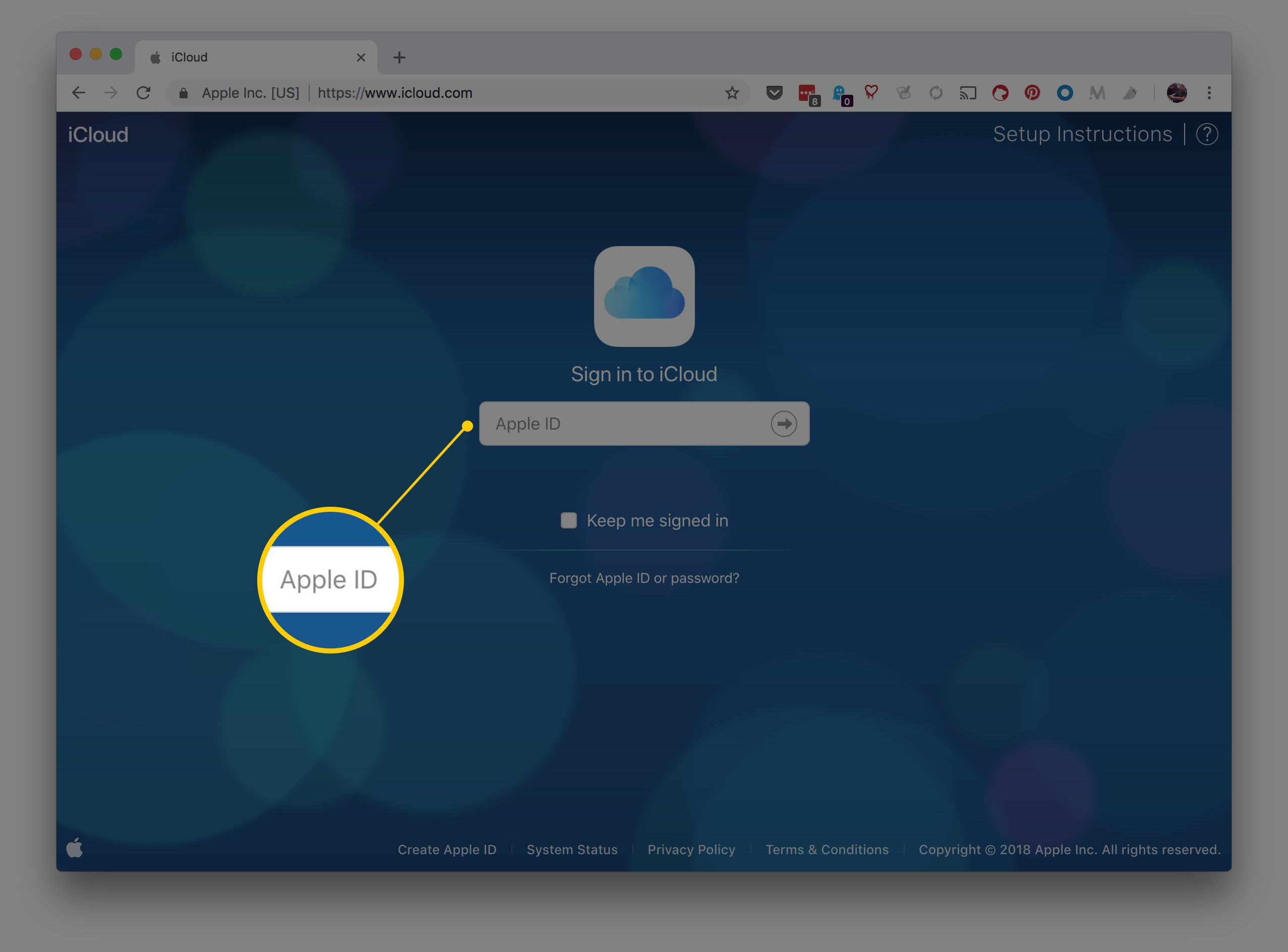 iCloud.com se zvýrazněním Apple ID