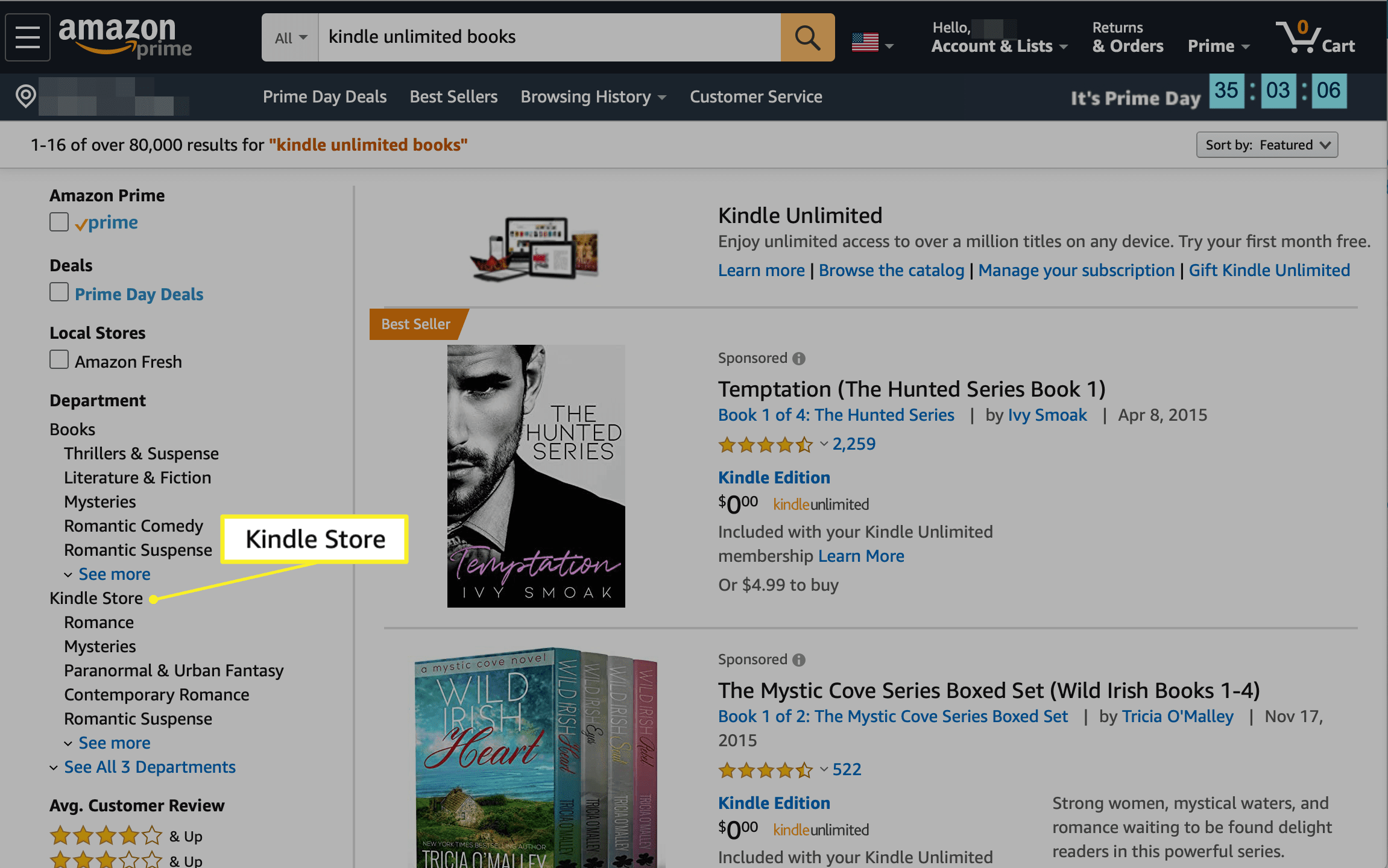 Obchod Kindle je vybrán v sekci Oddělení na Amazonu
