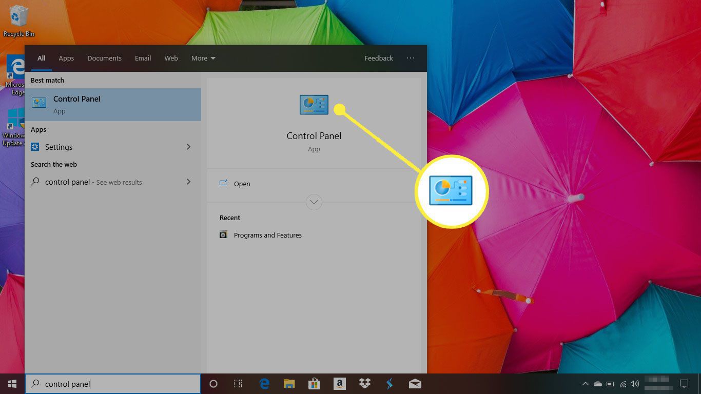 Windows 10 se zvýrazněnou aplikací Ovládací panely
