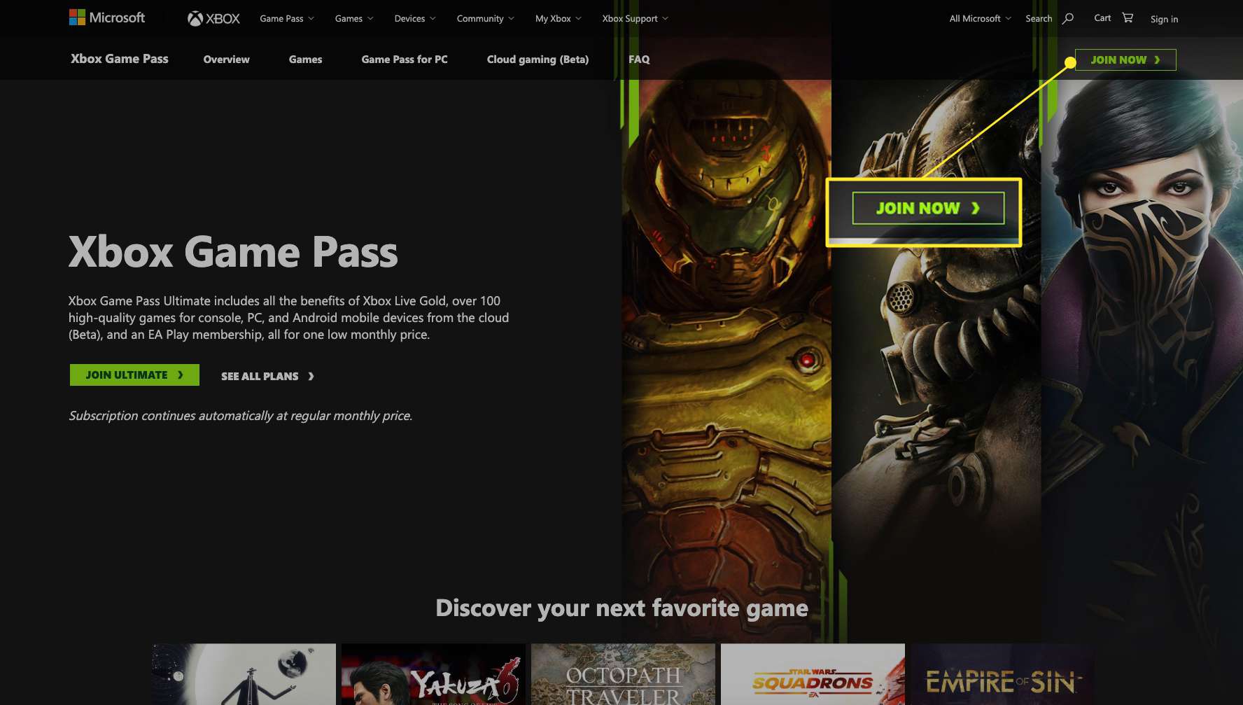 Web Xbox Game Pass se zvýrazněnou možností Připojit se