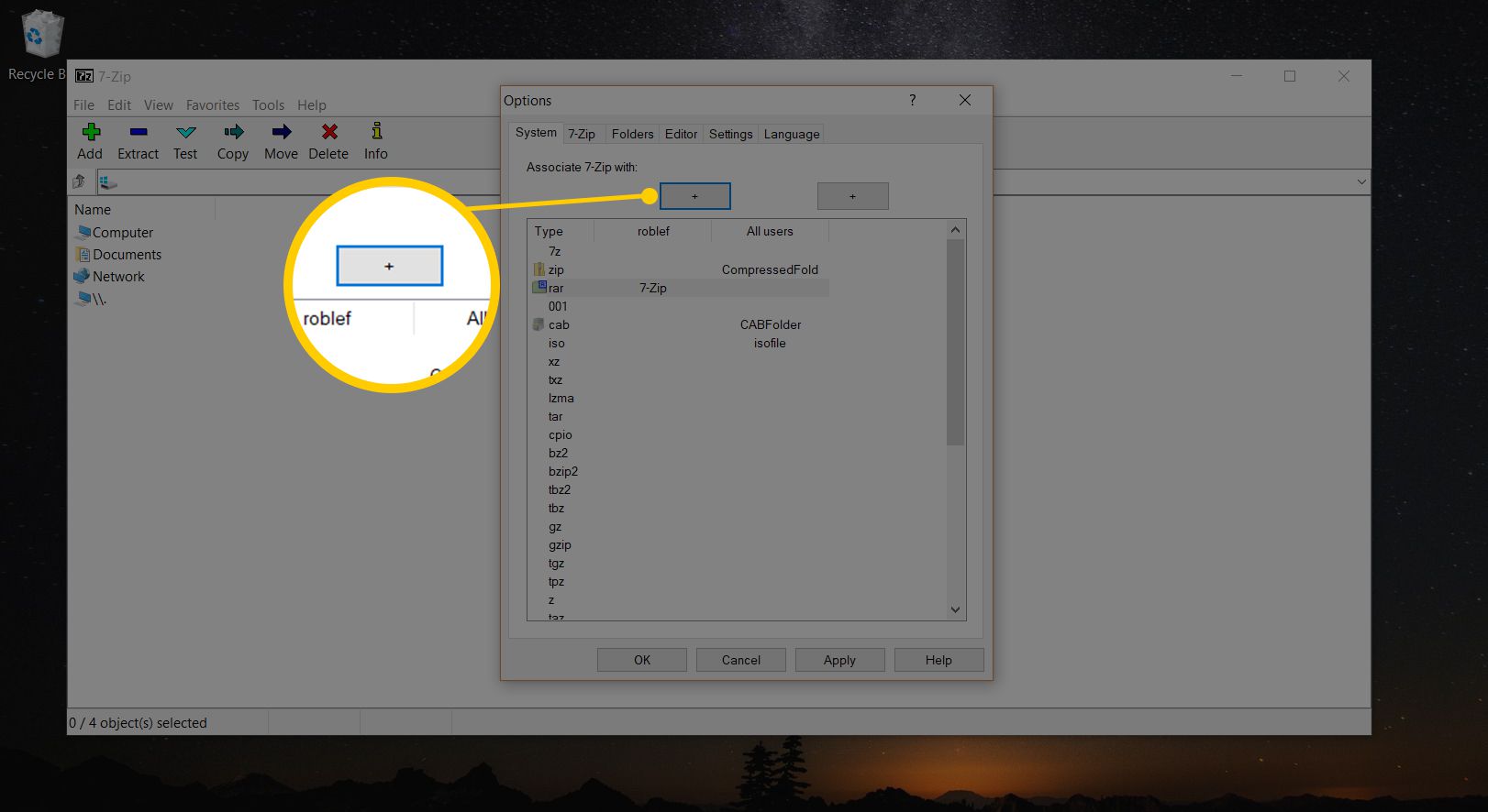 Screenshot programu 7-Zip ve Windows 10 se zaměřením na přidružení souborů RAR