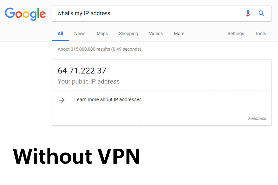 snímek obrazovky Google zobrazující vaši IP adresu s VPN nebo bez ní