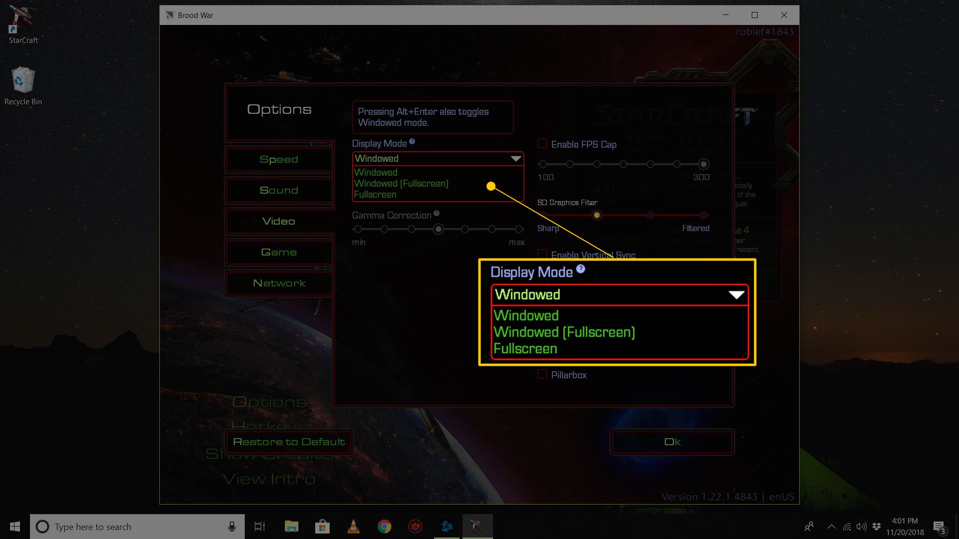 Nastavení režimu v okně ve Starcraftu ve Windows