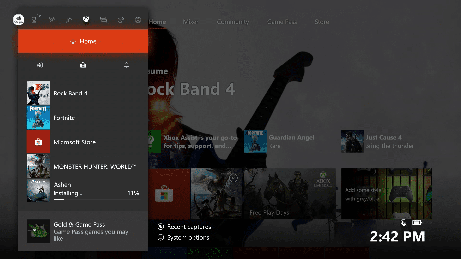 Snímek obrazovky průvodce Xbox One.