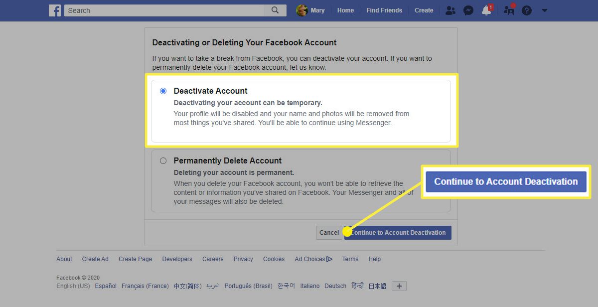 Možnost Deaktivovat účet na Facebooku ve webovém prohlížeči.