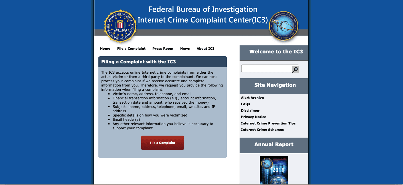 Používání webu IC3 FBI k hlášení podvodů s e-maily