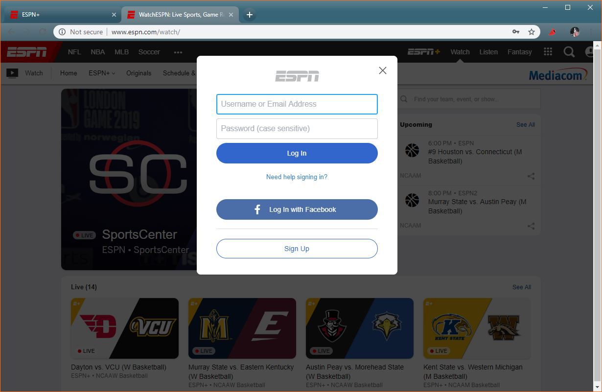 Snímek obrazovky s přihlašovací obrazovkou ESPN +.