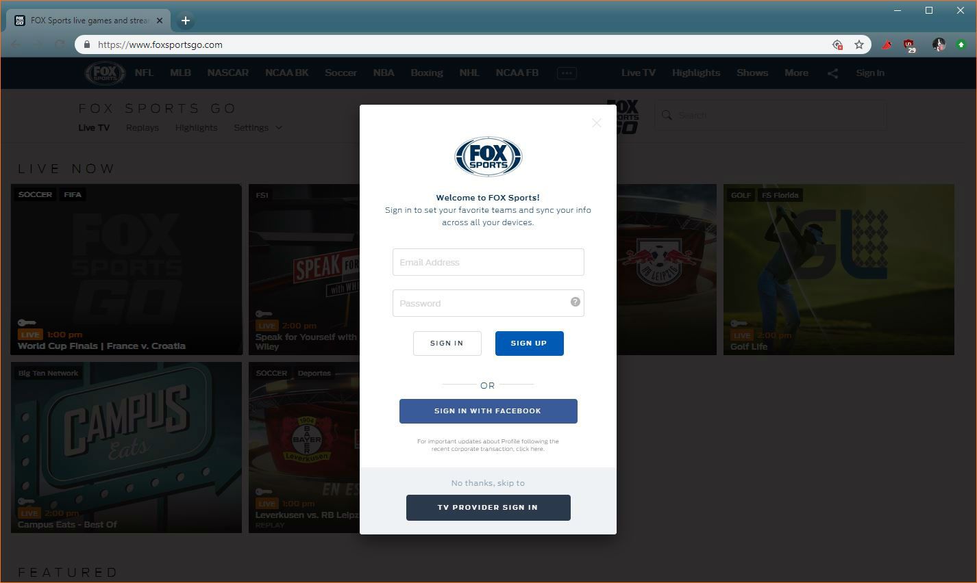 Snímek obrazovky přihlašovací stránky Fox Sports Go.