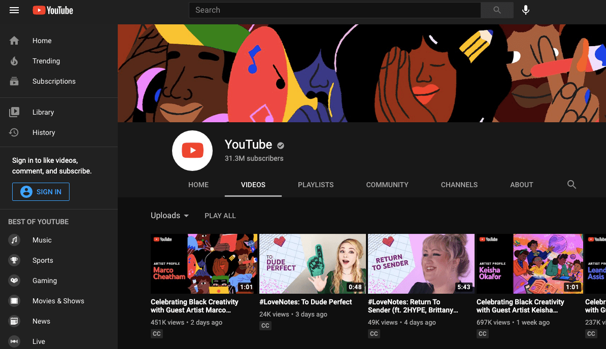 Vlastní kanál YouTube na YouTube.com s bannerem „Oslavujeme černou kreativitu“