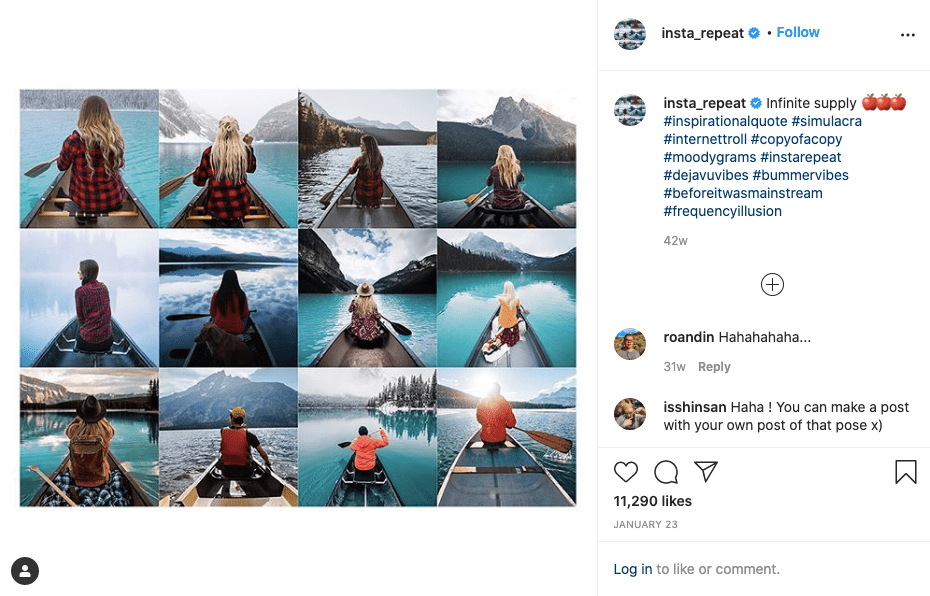 Účet Instagram Insta_repeat zobrazující 12 obrázků lidí na lodích směřujících pryč