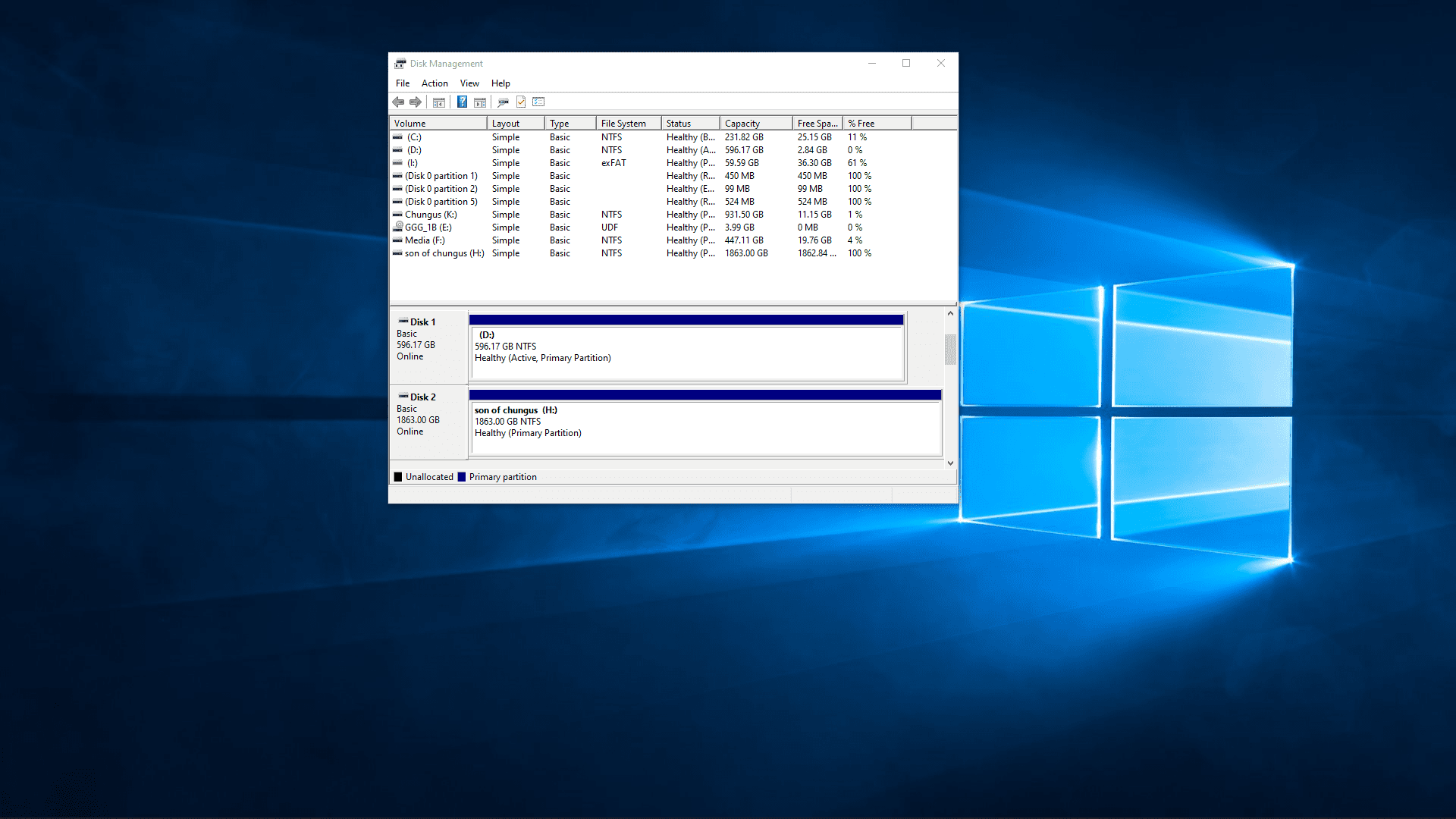 Screenshot nově nainstalovaného SSD ve Windows 10.