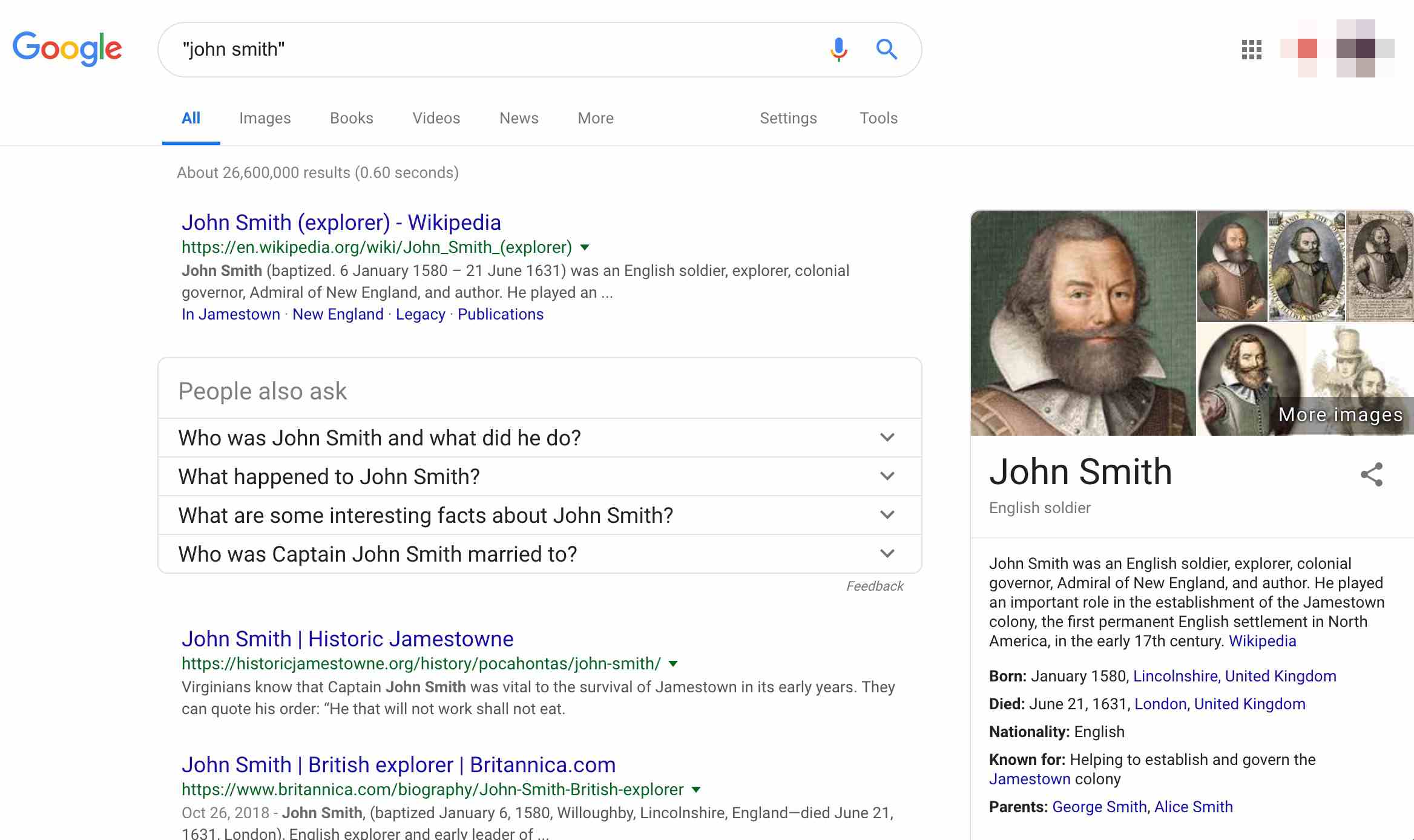 Stránka s výsledky Google pro „john smith“