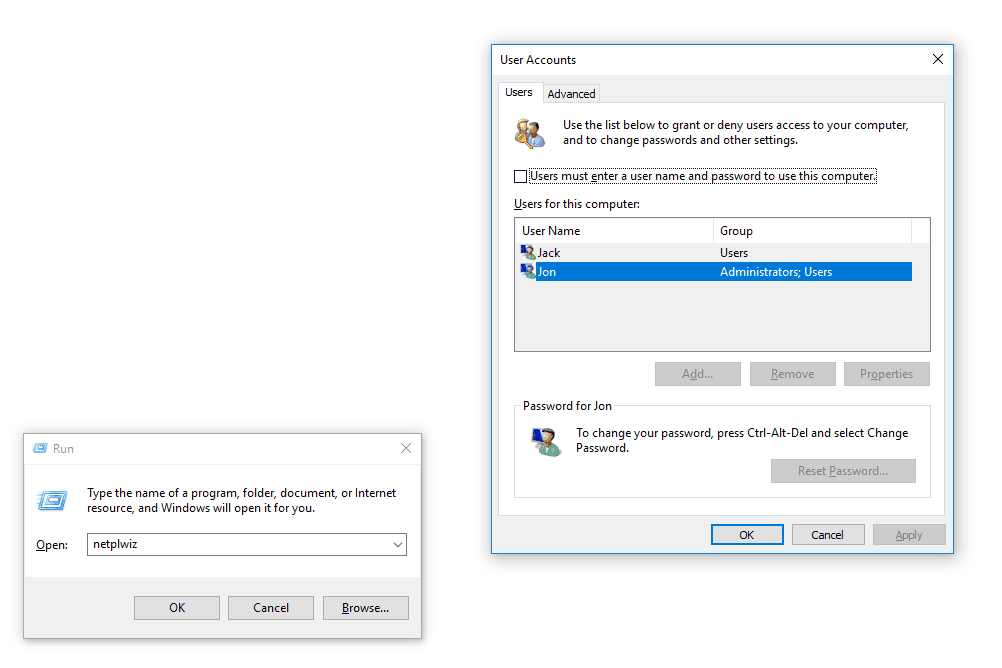 Screenshot okna Uživatelské účty a pole Spustit ve Windows 10