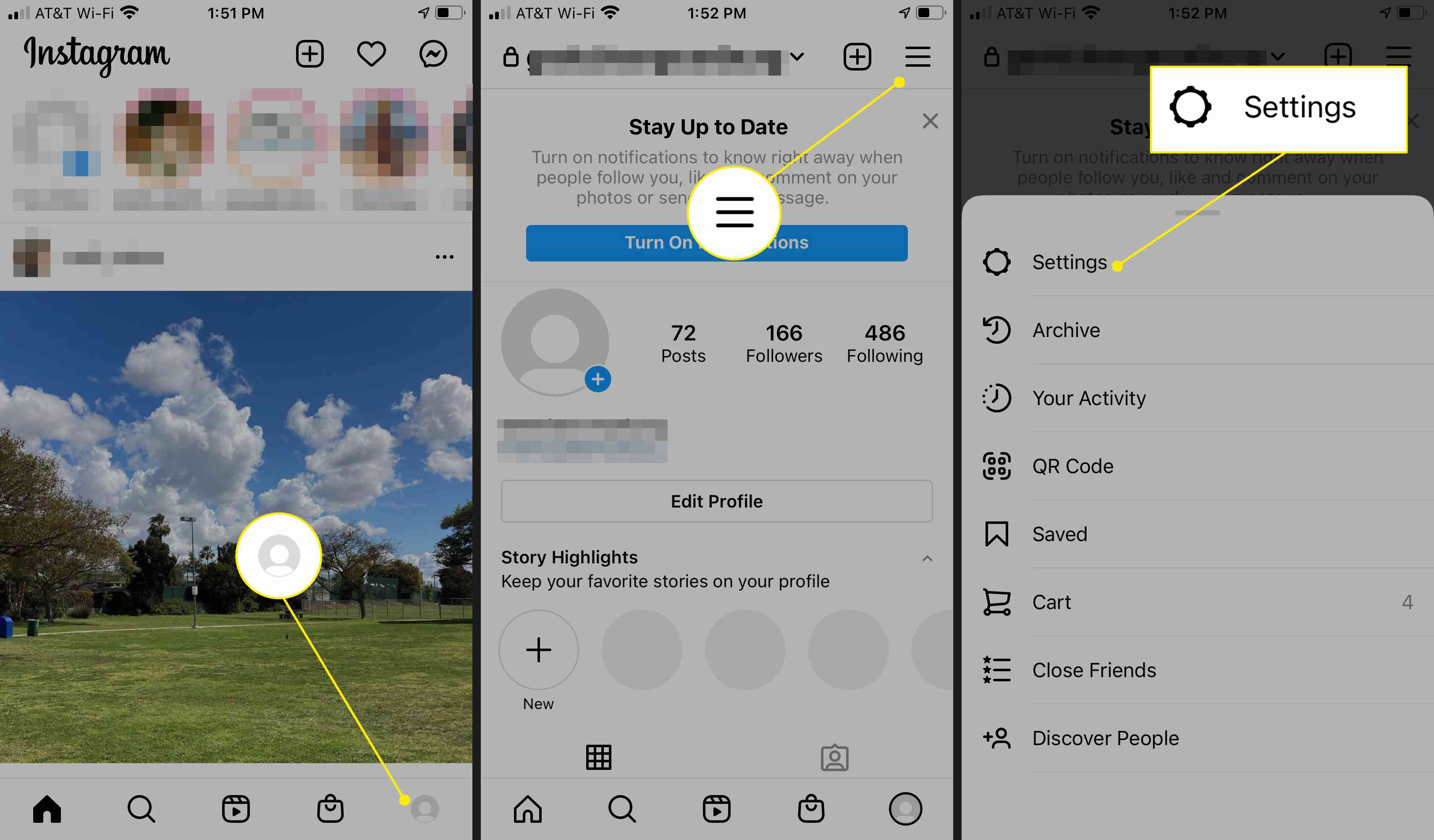 Zvýrazněna ikona profilu aplikace Instagram, nabídka a nastavení