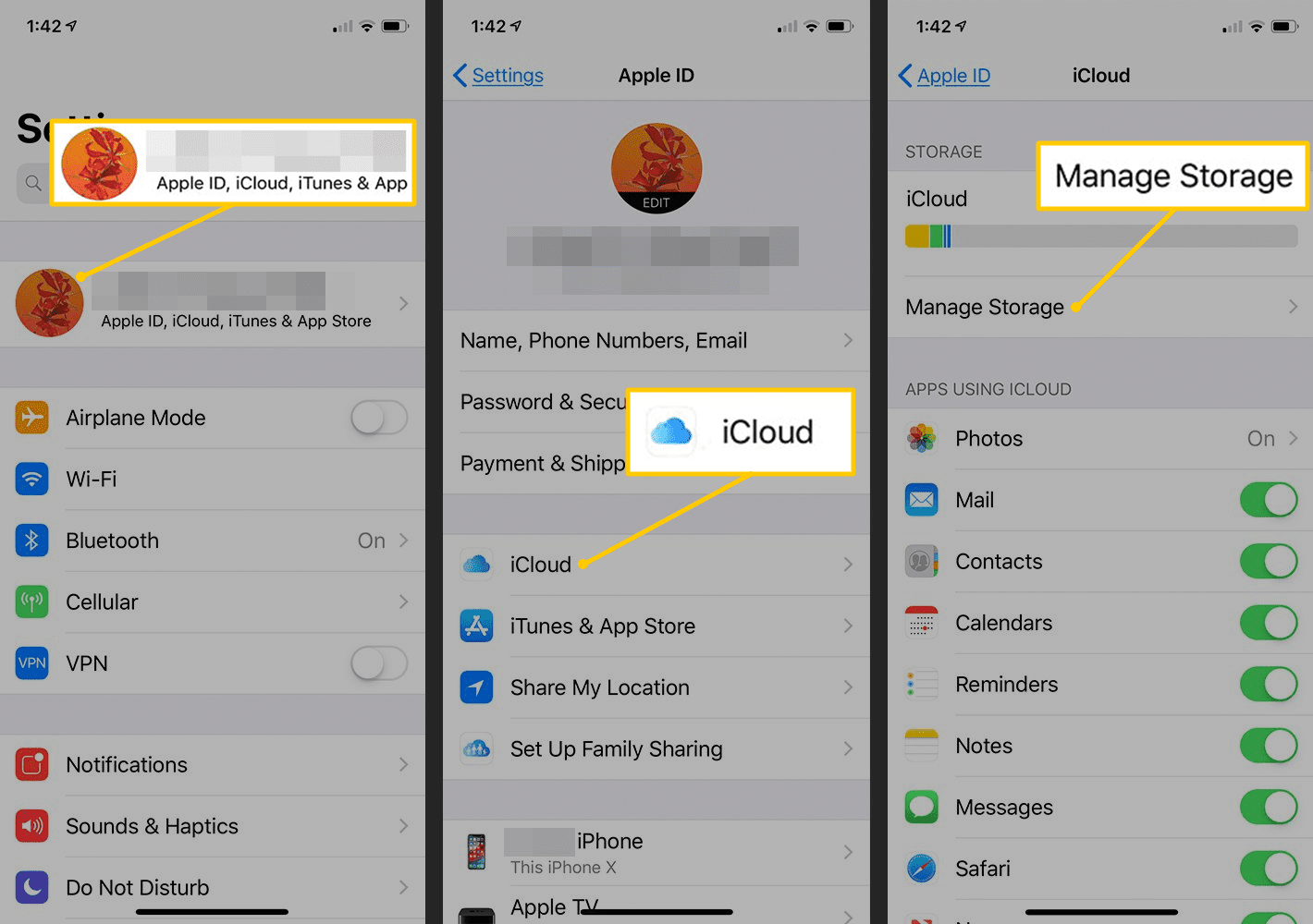 Tlačítka APple ID, iCloud, Správa úložiště v Nastavení iOS