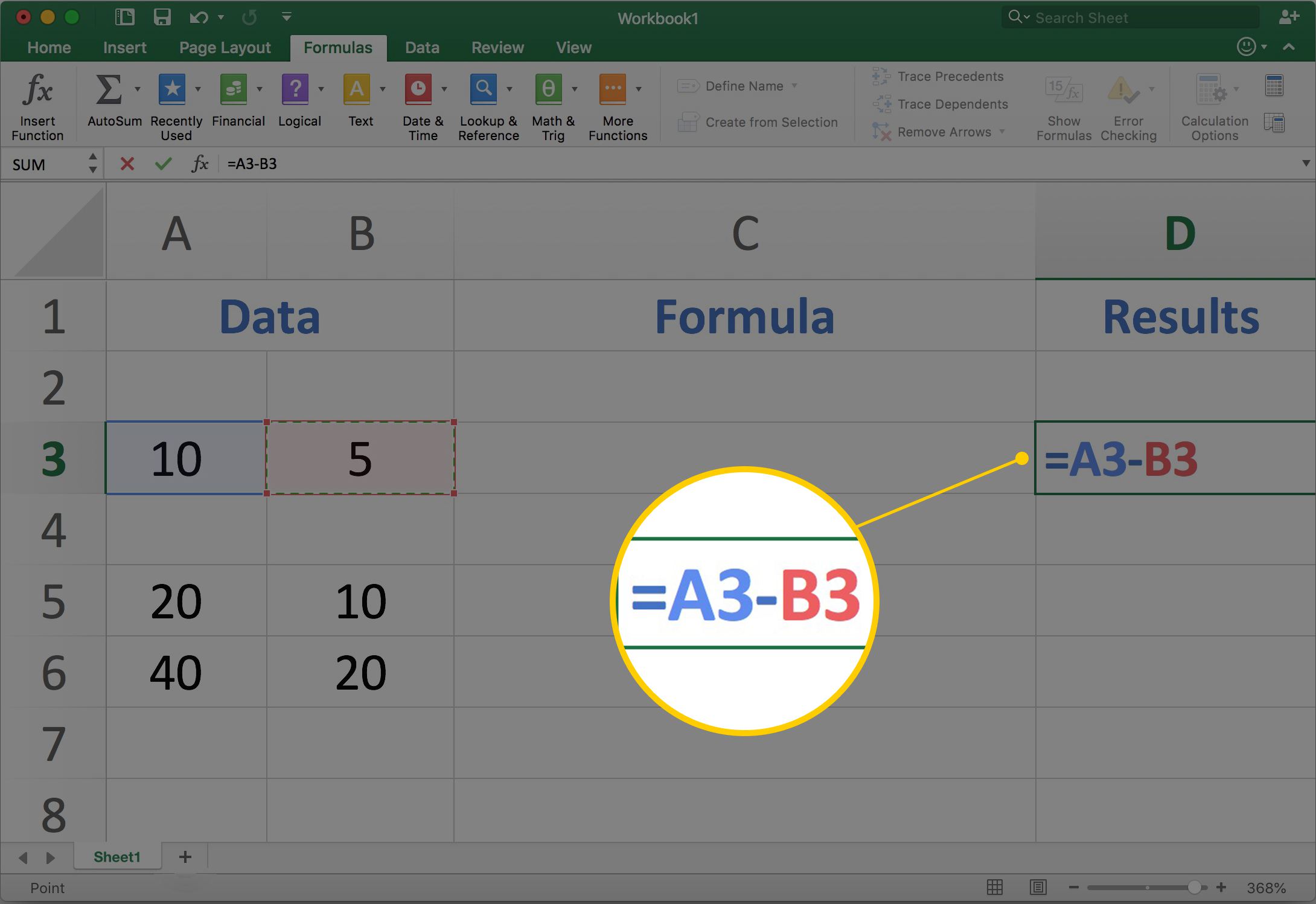 Vzorec = A3-B3 zvýrazněný na snímku obrazovky aplikace Excel pro Mac