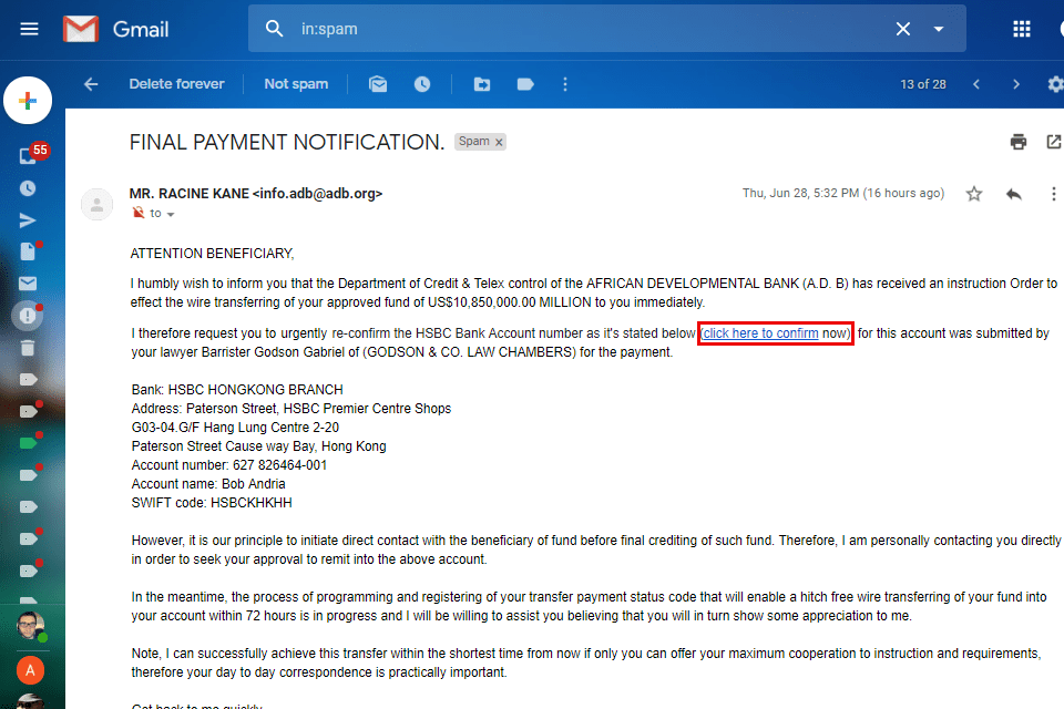 Screenshot z nevyžádaného e-mailu banky s podezřelým odkazem