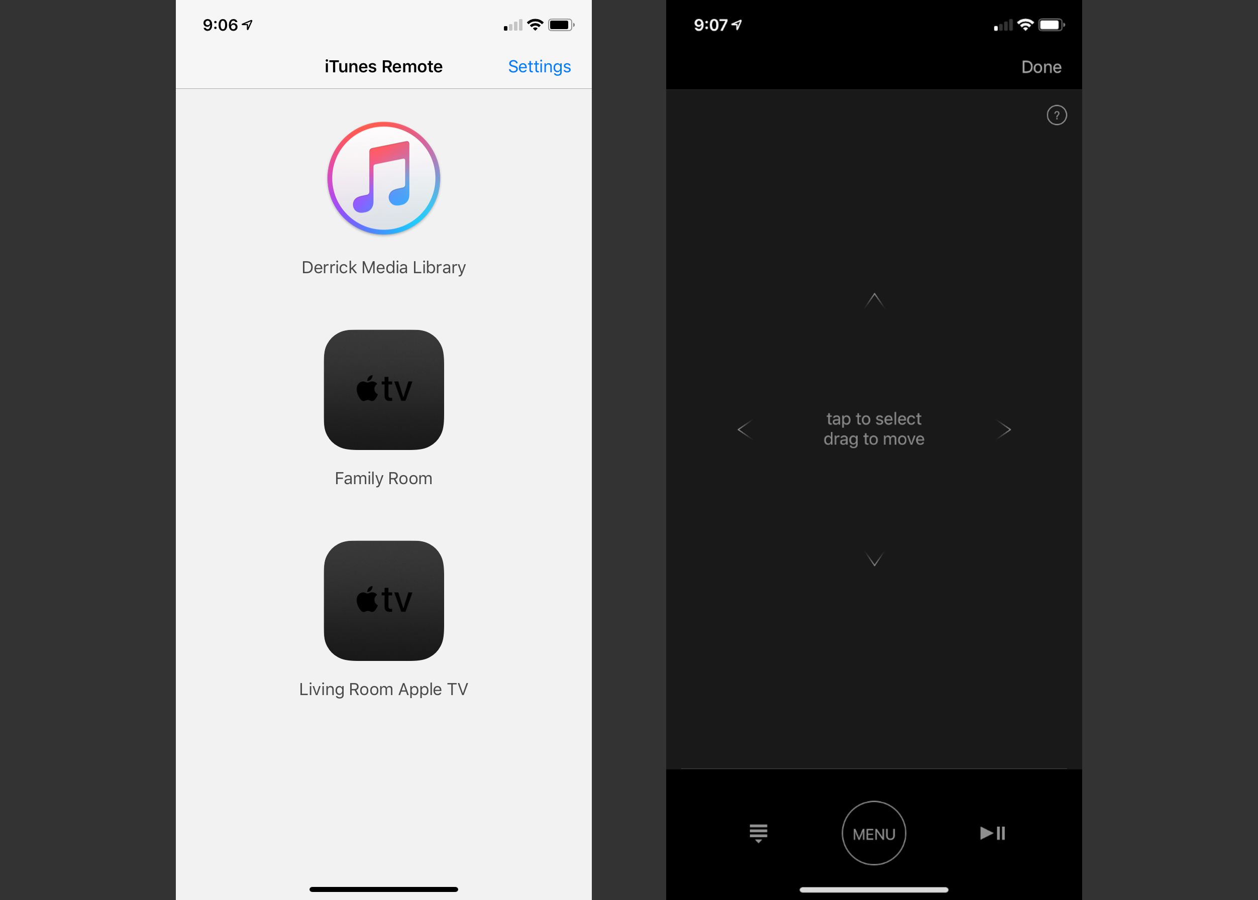 Screenshoty ovládacích prvků pro výběr a posouvání televize v aplikaci Apple TV Remote.