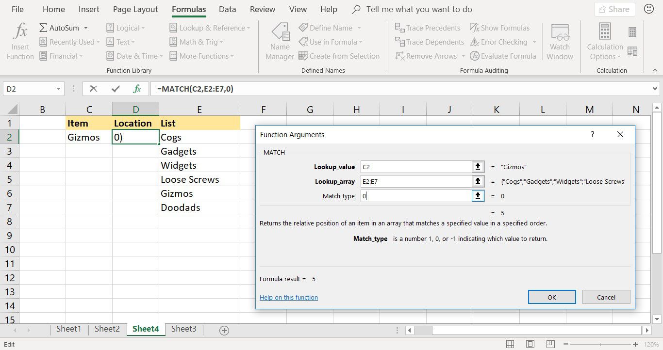 Screenshot zobrazující dialogové okno MATCH Function Arguments v aplikaci Excel