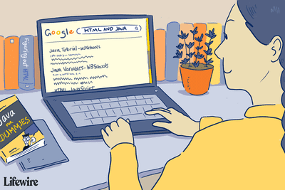 Ilustrace osoby provádějící booleovské vyhledávání HTML a Java