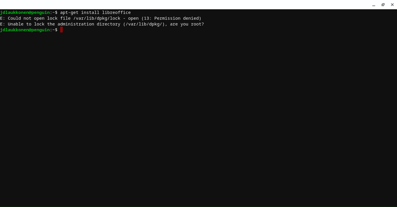 Snímek obrazovky se zprávou o odepření oprávnění v terminálu Linux.