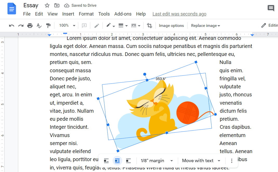 Screenshot zobrazující otočený obrázek v Dokumentech Google